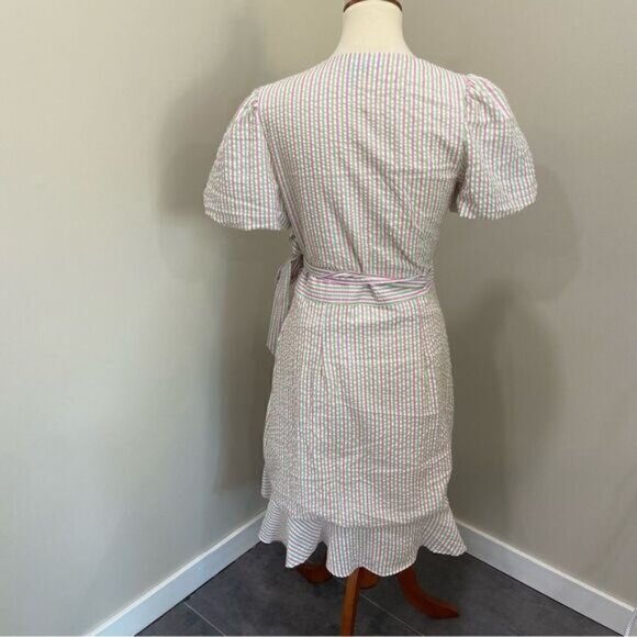 Draper James RSVP Pink Green Striped Seersucker Puff Sleeve Wrap Dress sz M - Picture 4 of 4